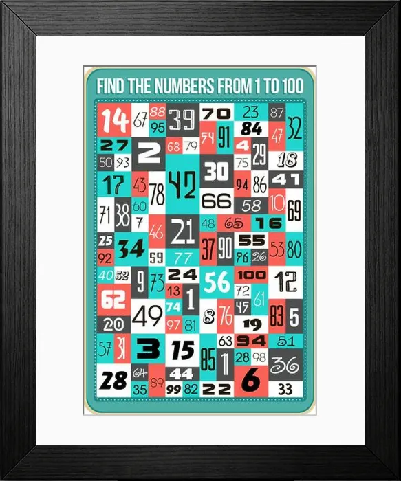 Framed Print : visual game for children. Find the numbers from 1 to 100 Framed Print : visual game for children. Find the numbers from 1 to 100