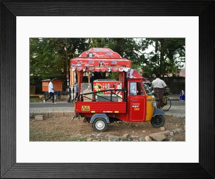 Framed Print : Indian 3 wheeler ice cream van. Getting ready for the New Year Day parade at Fort Kochi (Cochin) Kerala, India Framed Print : Indian 3 wheeler ice cream van. Getting ready for the New Year Day parade at Fort Kochi (Cochin) Kerala, India