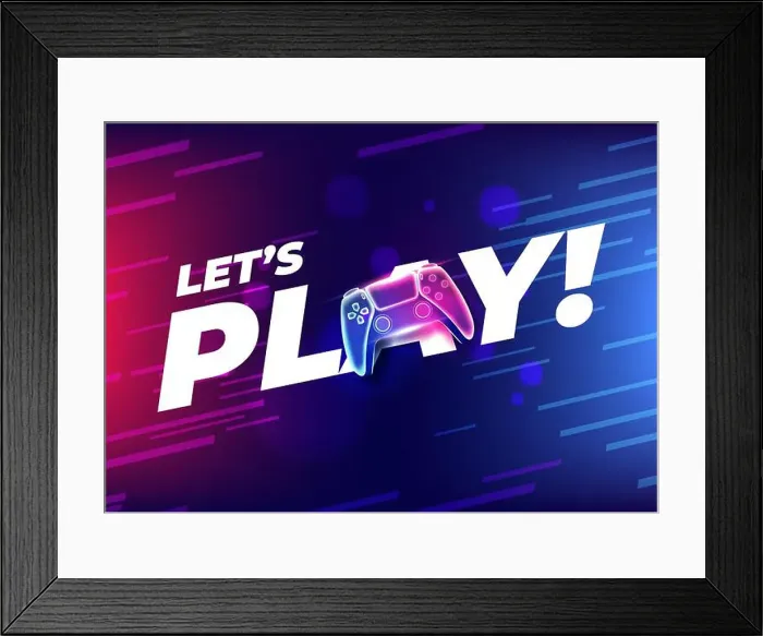 Framed Print : Let's play, Neon game controller or joystick for game console on blue background Framed Print : Let's play, Neon game controller or joystick for game console on blue background