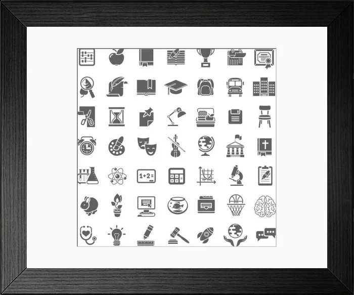 Framed Print : Set of plain monochrome silhouette vector icons of school subjects, education and science symbols Framed Print : Set of plain monochrome silhouette vector icons of school subjects, education and science symbols