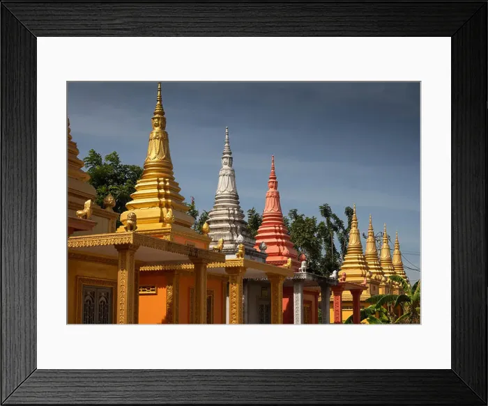 Framed Print : Cambodia, Kampong (Kompong) Cham, Wat Dei Doh, Buddhist monastery, painted and golden stupas Framed Print : Cambodia, Kampong (Kompong) Cham, Wat Dei Doh, Buddhist monastery, painted and golden stupas