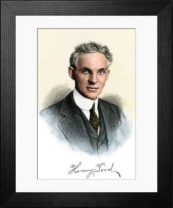 Framed Print : Henry Ford portrait, with autograph. Hand-colored woodcut Framed Print : Henry Ford portrait, with autograph. Hand-colored woodcut