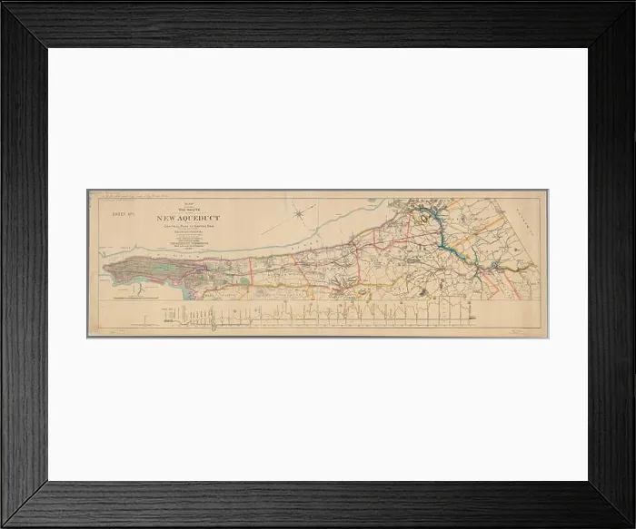 Framed Print : Map showing the route of the new aqueduct from Central Park to Croton Dam: together with proposed reservoirs