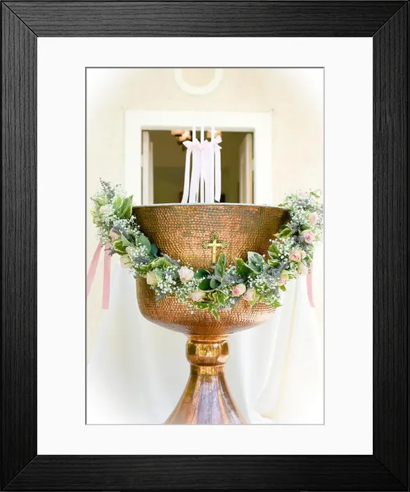 Framed Print : Orthodox Baptism Bowl prepared for christening ceremony in greek church. White vignette Framed Print : Orthodox Baptism Bowl prepared for christening ceremony in greek church. White vignette