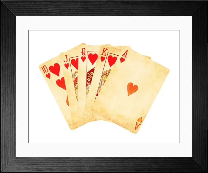 Framed Print : Vintage worn out hearts royal flush poker cards isolated on white