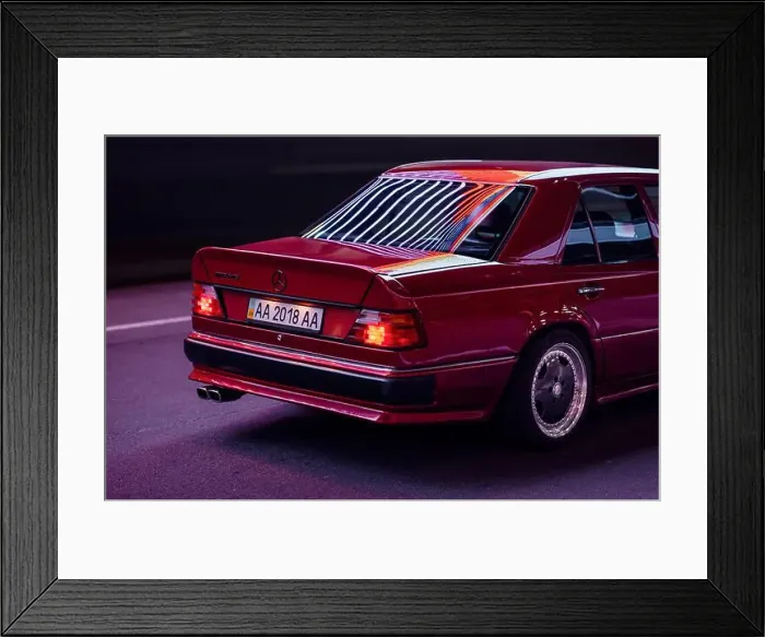 Framed Print : Rear three quarter view of Mercedes-Benz 400E (W124) in AMG body kit at night Framed Print : Rear three quarter view of Mercedes-Benz 400E (W124) in AMG body kit at night