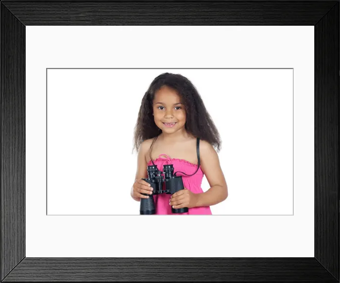 Framed Print : Little girl with binoculars on a over white background Framed Print : Little girl with binoculars on a over white background