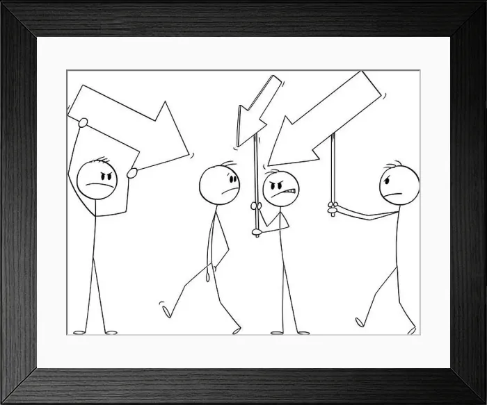 Framed Print : Angry team or crowd with arrows pointing at another person, vector cartoon stick figure or character illustration Framed Print : Angry team or crowd with arrows pointing at another person, vector cartoon stick figure or character illustration