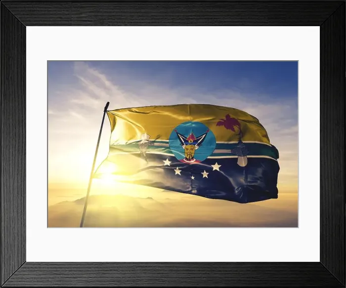 Framed Print : Hela province of Papua New Guinea flag waving on the top sunrise mist fog