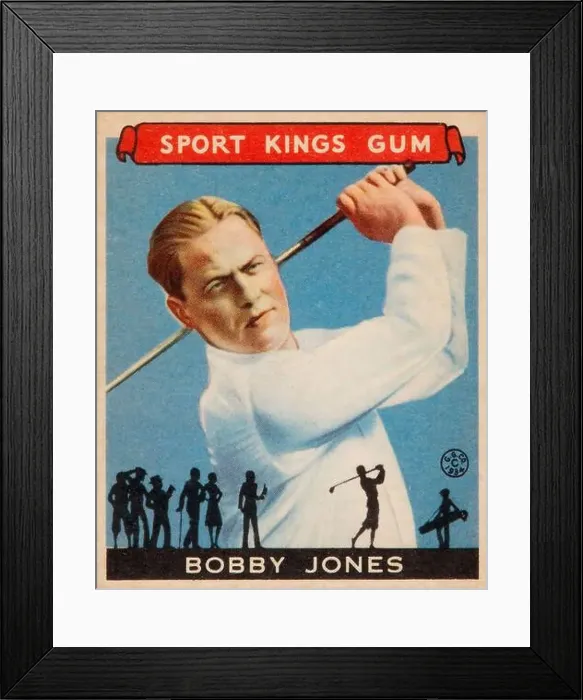 Framed Print : Bobby Jones, Sport Kings Gum, card. Bobby swinging the golf club and silhouetts of golf players in the bottom Framed Print : Bobby Jones, Sport Kings Gum, card. Bobby swinging the golf club and silhouetts of golf players in the bottom