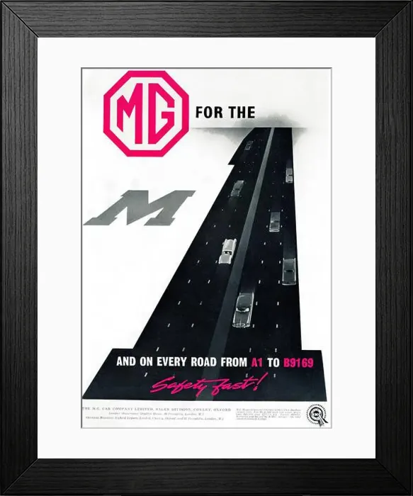 Framed Print : A vintage advert for MG cars and the M1 motorway, from Motor Magazine, 1960 Framed Print : A vintage advert for MG cars and the M1 motorway, from Motor Magazine, 1960