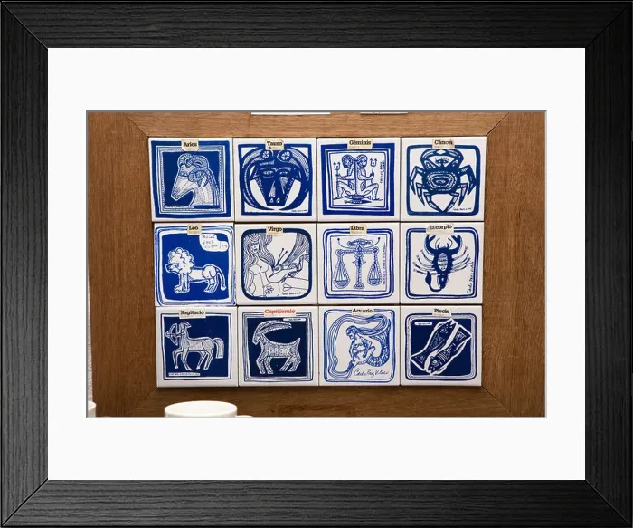 Framed Print : Painted ceramic Tiles with zodiac drawings made by uruguayan artist Carlos Paez Vilaro in museum Casapueblo Punta del Framed Print : Painted ceramic Tiles with zodiac drawings made by uruguayan artist Carlos Paez Vilaro in museum Casapueblo Punta del