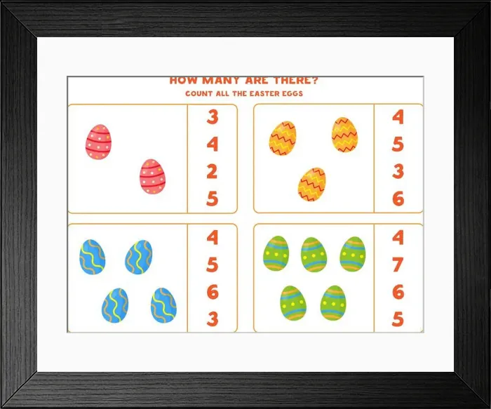 Framed Print : Counting game with cartoon Easter eggs. Math worksheet Framed Print : Counting game with cartoon Easter eggs. Math worksheet