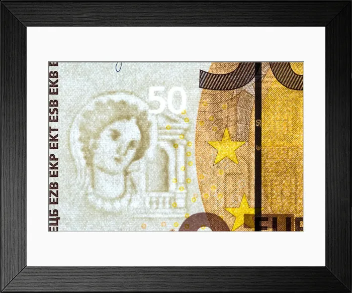 Framed Print : Watermark on a banknote of 50 euros macro close-up. Translucent 50 Euro banknote with visible watermarks Framed Print : Watermark on a banknote of 50 euros macro close-up. Translucent 50 Euro banknote with visible watermarks