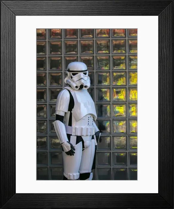 Framed Print : Star Wars life-size; Stormtroopers in white armour and masks, a figure at Preston HClan Science Festival. UK Framed Print : Star Wars life-size; Stormtroopers in white armour and masks, a figure at Preston HClan Science Festival. UK