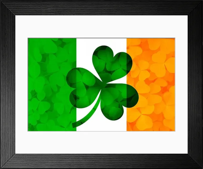 Framed Print : Ireland Flag with Shamrock Leaves Background Illustration Framed Print : Ireland Flag with Shamrock Leaves Background Illustration