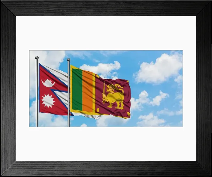 Framed Print : Nepal and Sri Lanka flag waving in the wind against white cloudy blue sky together Framed Print : Nepal and Sri Lanka flag waving in the wind against white cloudy blue sky together