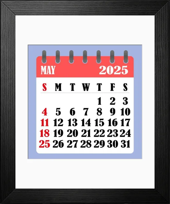 Framed Print : Letter calendar for May 2025. The week begins on Sunday Framed Print : Letter calendar for May 2025. The week begins on Sunday