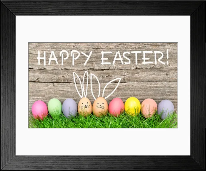 Framed Print : Easter eggs cute bunny. Funny holidays decoration. Happy Easter! Framed Print : Easter eggs cute bunny. Funny holidays decoration. Happy Easter!