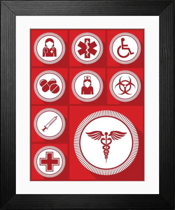 Framed Print : Medicine vector icon set, hospital, doctor, nurse, wheelchair, drugs and other medical symbols in eps 10 Framed Print : Medicine vector icon set, hospital, doctor, nurse, wheelchair, drugs and other medical symbols in eps 10