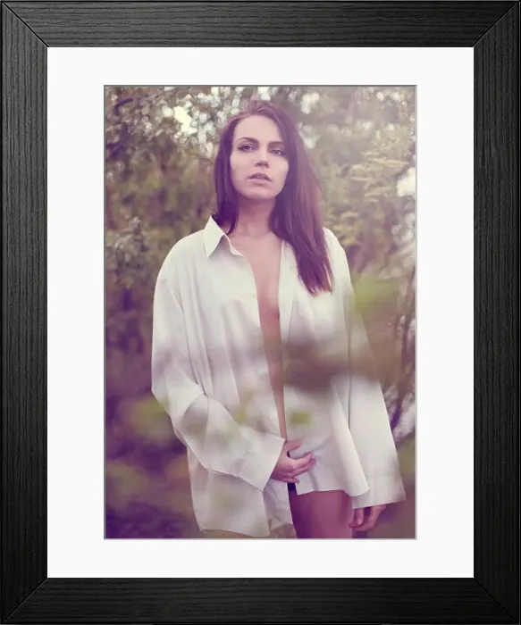 Framed Print : girl in men's shirt in nature in spring Framed Print : girl in men's shirt in nature in spring