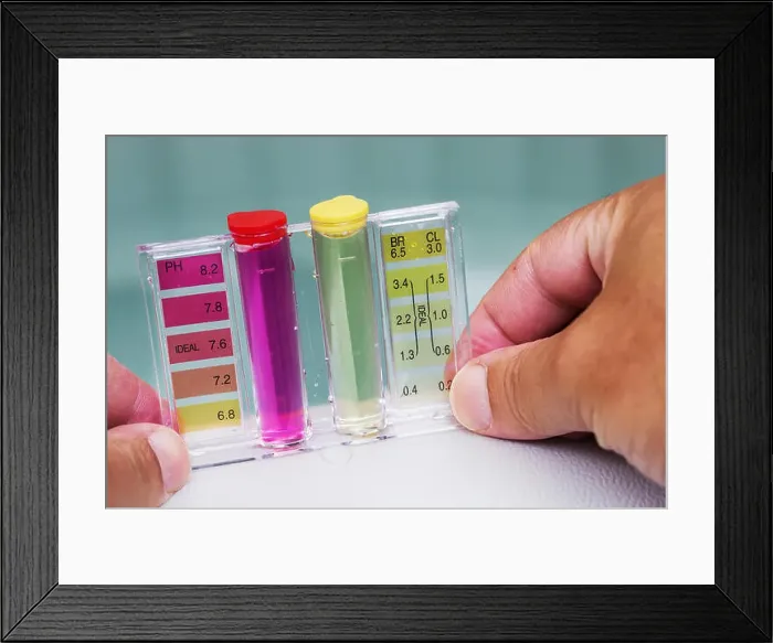 Framed Print : Jacuzzi spa pool maintenance test, Ph chlorine and bromide levels Framed Print : Jacuzzi spa pool maintenance test, Ph chlorine and bromide levels