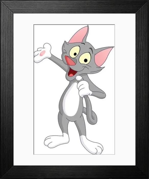 Framed Print : Charming gray cat standing, talking into his tail and presenting with one paw Framed Print : Charming gray cat standing, talking into his tail and presenting with one paw