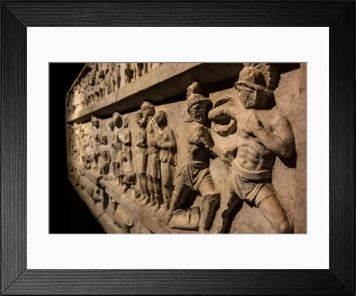 Framed Print : Bas-relief depicting pompa triumphalis  /  opening ceremony with gladiator and animal fights at Pompeii, Italy, 20-50 AD