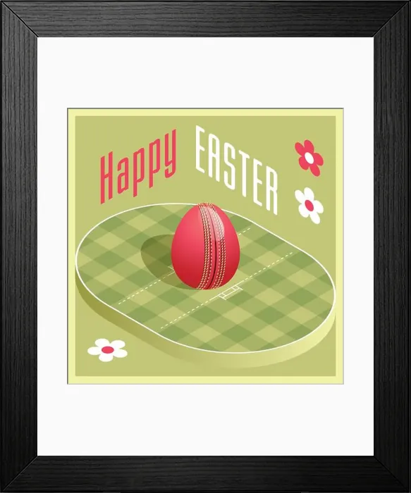 Framed Print : Happy Easter. Greeting card with 3D Easter egg as a cricket ball and Isometric cricket pitch. Vector illustration Framed Print : Happy Easter. Greeting card with 3D Easter egg as a cricket ball and Isometric cricket pitch. Vector illustration