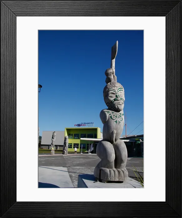 Framed Print : A wooden Maori statue in front of Te Rauparaha Arena, a community sport centre in Porirua Framed Print : A wooden Maori statue in front of Te Rauparaha Arena, a community sport centre in Porirua