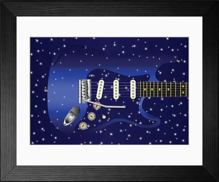Framed Print : A blue star studded background with a series of small stars over a blue guitar Framed Print : A blue star studded background with a series of small stars over a blue guitar