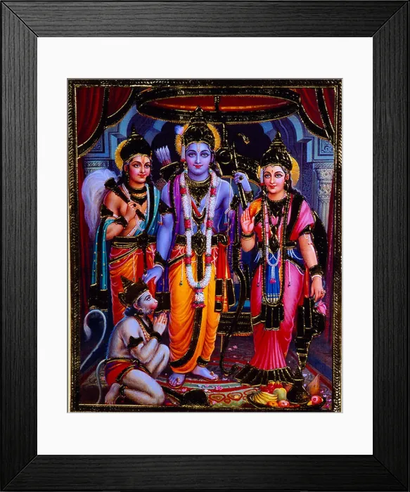 Framed Print : Diwali Story Rama Sita Lakshman Hanuman Rama In Middle Brother Lakshman On Left Sita On Right Hanuman In Front Devotion Framed Print : Diwali Story Rama Sita Lakshman Hanuman Rama In Middle Brother Lakshman On Left Sita On Right Hanuman In Front Devotion