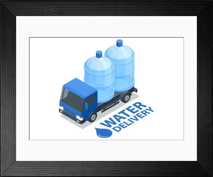 Framed Print : Isometric Water delivery service. Truck carrying plastic containers of drinking water Framed Print : Isometric Water delivery service. Truck carrying plastic containers of drinking water