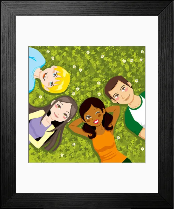 Framed Print : Four multi ethnic boys and girls friends resting happy together lying outdoors on a clover field Framed Print : Four multi ethnic boys and girls friends resting happy together lying outdoors on a clover field
