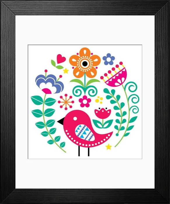 Framed Print : Scandinavian folk art vector pattern with flowers and bird in circle Framed Print : Scandinavian folk art vector pattern with flowers and bird in circle
