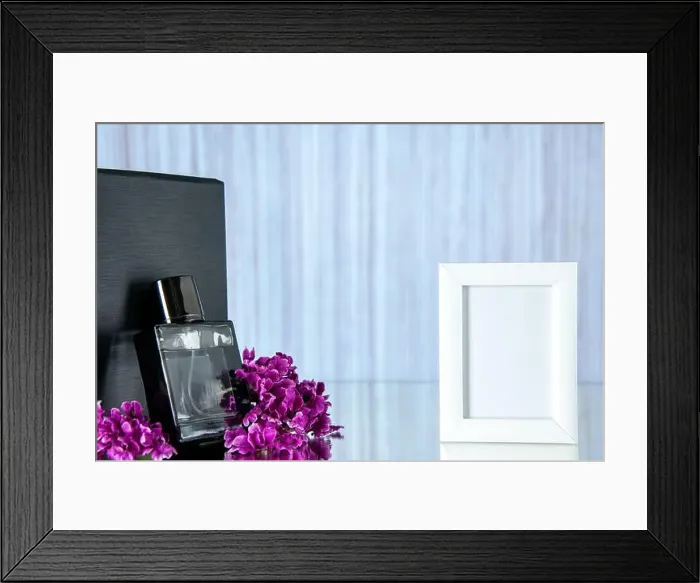Framed Print : front view black expensive fragnance with picture frame on light background present love portrait marriage flower Framed Print : front view black expensive fragnance with picture frame on light background present love portrait marriage flower