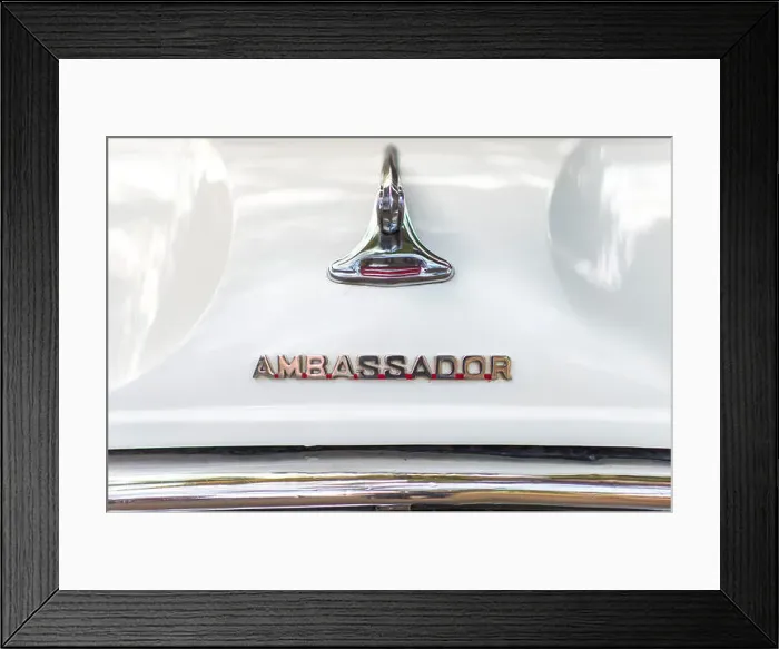 Framed Print : Emblem on a white Ambassador, Fort Cochin, Kochi, Kerala, India Framed Print : Emblem on a white Ambassador, Fort Cochin, Kochi, Kerala, India