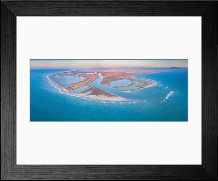 Framed Print : Aerial view of the river mouth in the Ebro Delta at sunrise (Tarragona) Framed Print : Aerial view of the river mouth in the Ebro Delta at sunrise (Tarragona)
