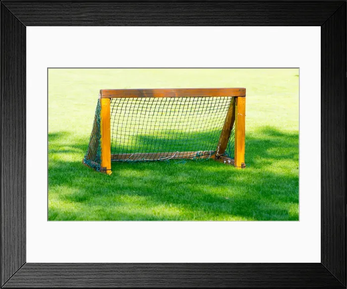 Framed Print : The small wooden goal for the soccer on the empty green field