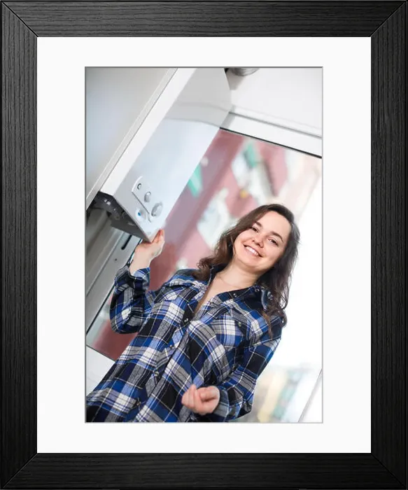 Framed Print : Charming russian adult girl in shirt near boiler control panel Framed Print : Charming russian adult girl in shirt near boiler control panel