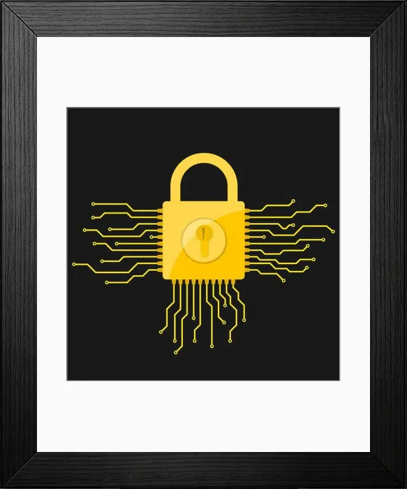 Framed Print : Yellow electronic lock icon in flat design. Vector illustration. Information security concept, on black background Framed Print : Yellow electronic lock icon in flat design. Vector illustration. Information security concept, on black background