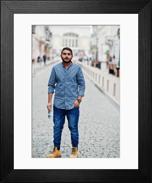 Framed Print : Stylish indian beard model man in casual clothes posed outdoor at street of India Framed Print : Stylish indian beard model man in casual clothes posed outdoor at street of India