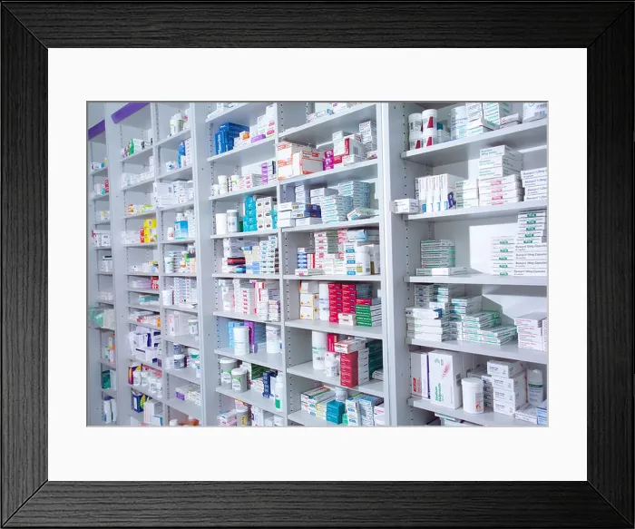 Framed Print : Medicines on pharmacy shelves Framed Print : Medicines on pharmacy shelves
