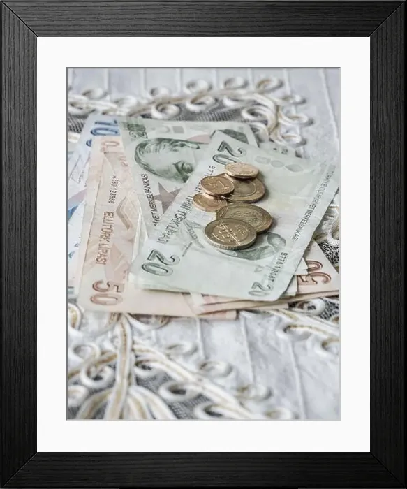 Framed Print : Some turkish lira banknotes and coins on table Framed Print : Some turkish lira banknotes and coins on table