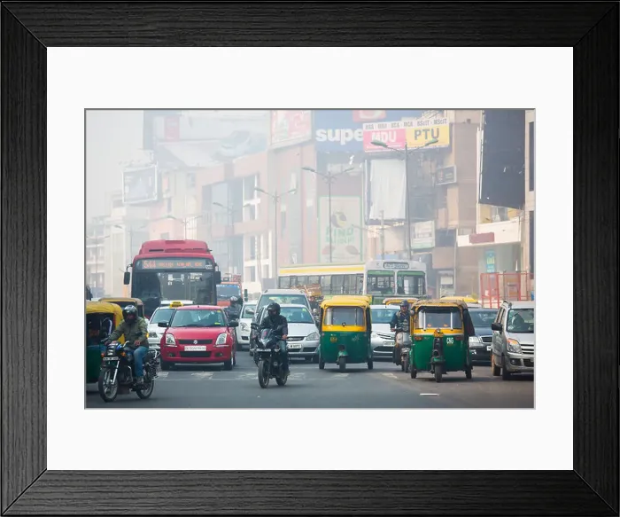 Framed Print : South extention, traffic and air pollution, Delhi, India Framed Print : South extention, traffic and air pollution, Delhi, India