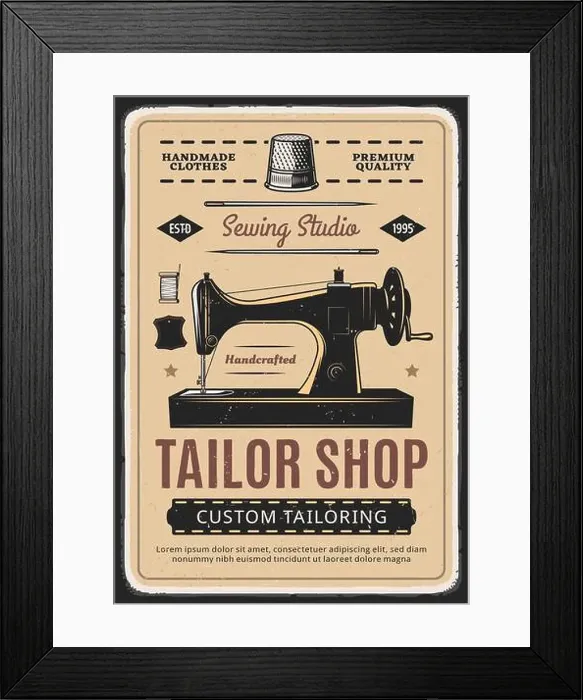 Framed Print : Tailor shop, sewing studio retro vector poster with machine and spool of thread Framed Print : Tailor shop, sewing studio retro vector poster with machine and spool of thread