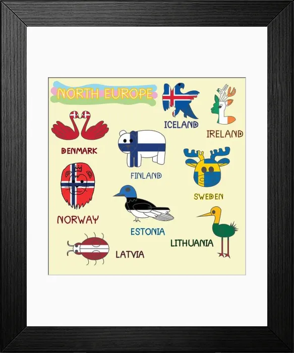 Framed Print : North Europe National Animals Symbol Imitate Color Country Flag Framed Print : North Europe National Animals Symbol Imitate Color Country Flag