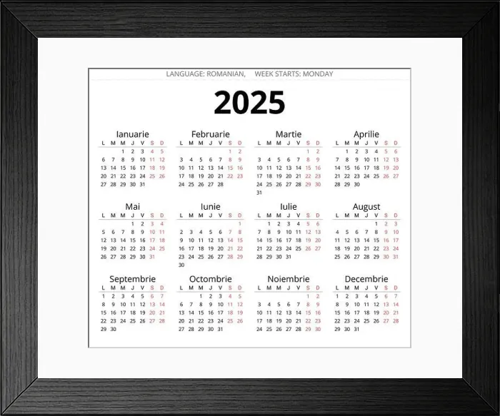 Framed Print : 2025 romanian calendar. Printable, editable vector illustration for Romania and Moldova. 12 months year calendars Framed Print : 2025 romanian calendar. Printable, editable vector illustration for Romania and Moldova. 12 months year calendars