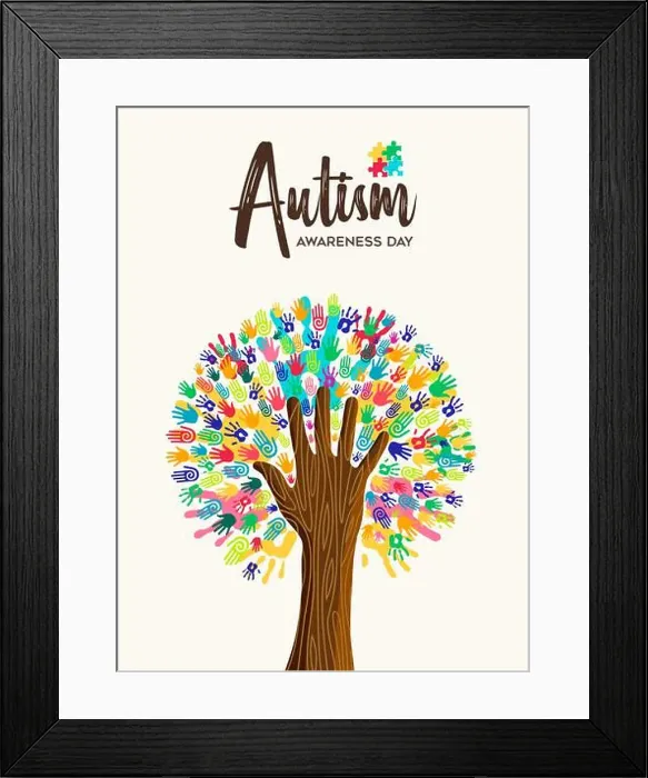Framed Print : Autism Awareness Day greeting card illustration of colorful diverse child hand print together making tree shape Framed Print : Autism Awareness Day greeting card illustration of colorful diverse child hand print together making tree shape