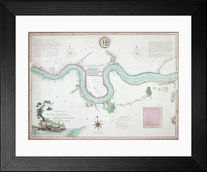 Framed Print : Map of the River Thames from London Bridge to Woolwich, 1802